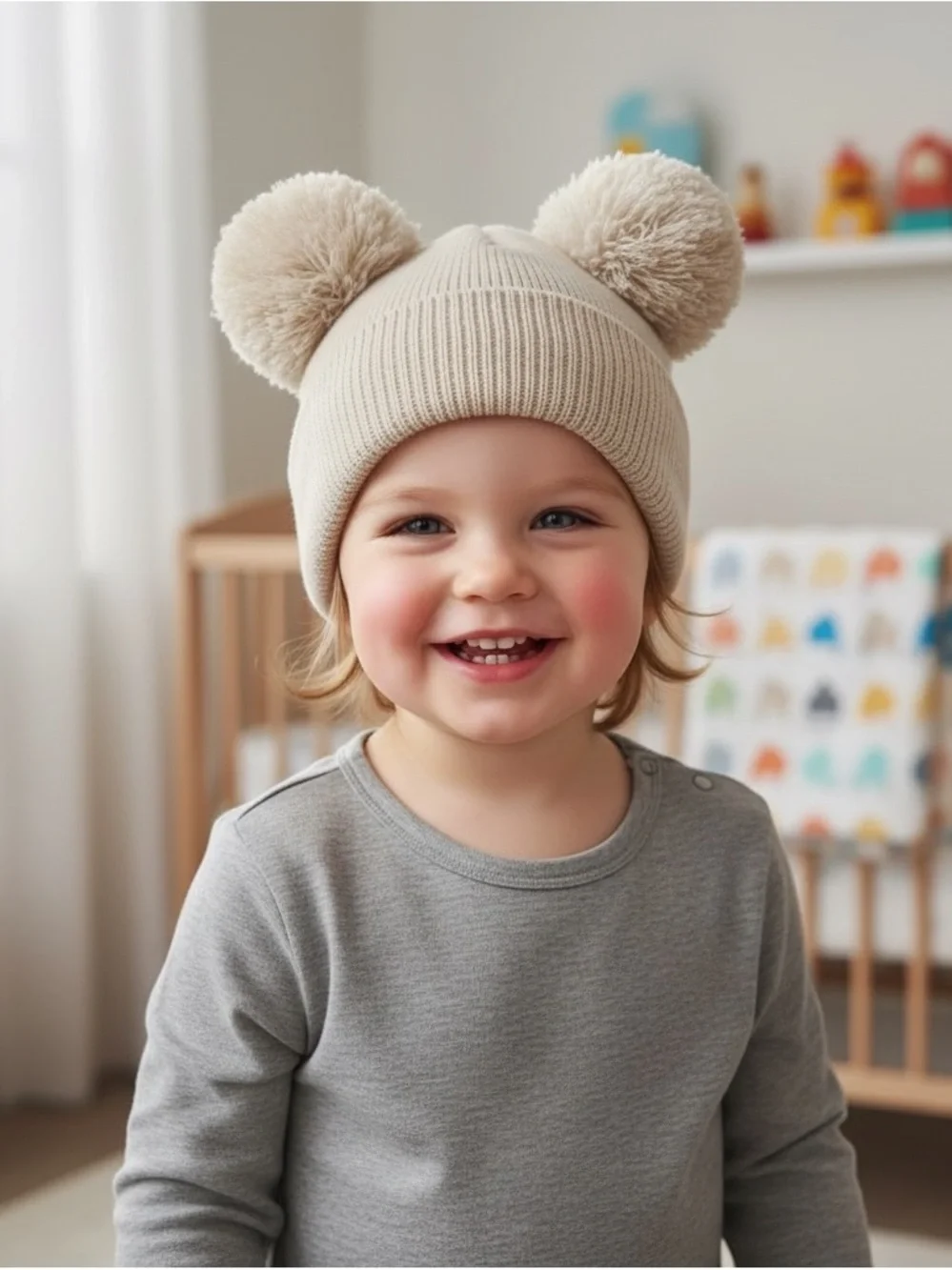 Bundle of 3 Cozy Double-Pom Knit Beanie - Black, White, Cream